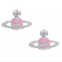 a pair of pink and white earrings with diamonds on them